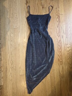 Vintage Y2K Shimmer Silver Blue/black Asymmetrical Slip Dress